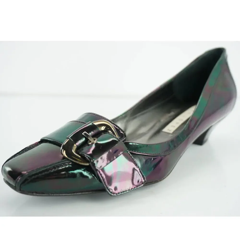 Pura Lopez Oily black patent Buckle Toe pumps Size 39 New Square Toe